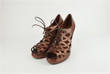 Bottega Veneta Lace-Up Booties Copper Snakeskin Size 39 Peep Toe Platform Wedge MFR - Celebrity Owned
