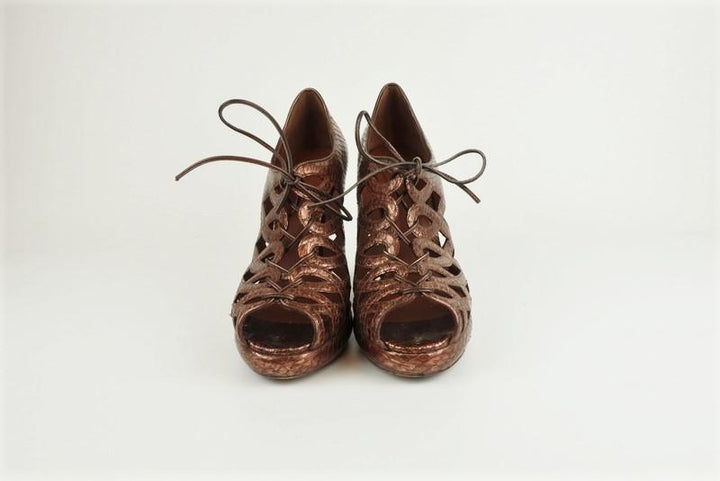 Bottega Veneta Lace-Up Booties Copper Snakeskin Size 39 Peep Toe Platform Wedge MFR - Celebrity Owned