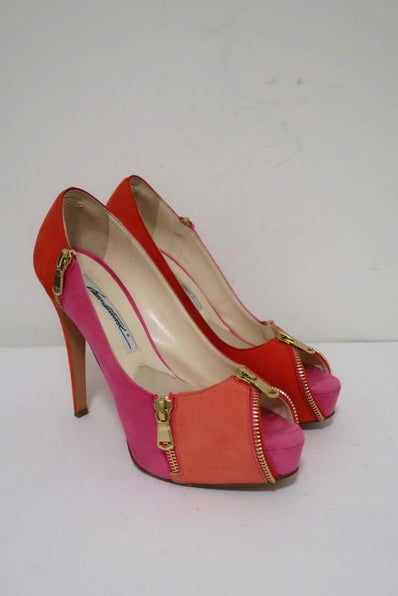 Brian Atwood Julep Zipper Pumps Pink/Red Suede Size 35.5 Peep Toe Heel - Celebrity Owned