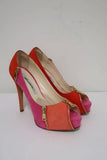 Brian Atwood Julep Zipper Pumps Pink/Red Suede Size 35.5 Peep Toe Heel - Celebrity Owned