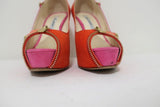 Brian Atwood Julep Zipper Pumps Pink/Red Suede Size 35.5 Peep Toe Heel - Celebrity Owned