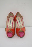 Brian Atwood Julep Zipper Pumps Pink/Red Suede Size 35.5 Peep Toe Heel - Celebrity Owned