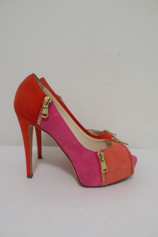 Brian Atwood Julep Zipper Pumps Pink/Red Suede Size 35.5 Peep Toe Heel - Celebrity Owned