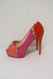 Brian Atwood Julep Zipper Pumps Pink/Red Suede Size 35.5 Peep Toe Heel - Celebrity Owned