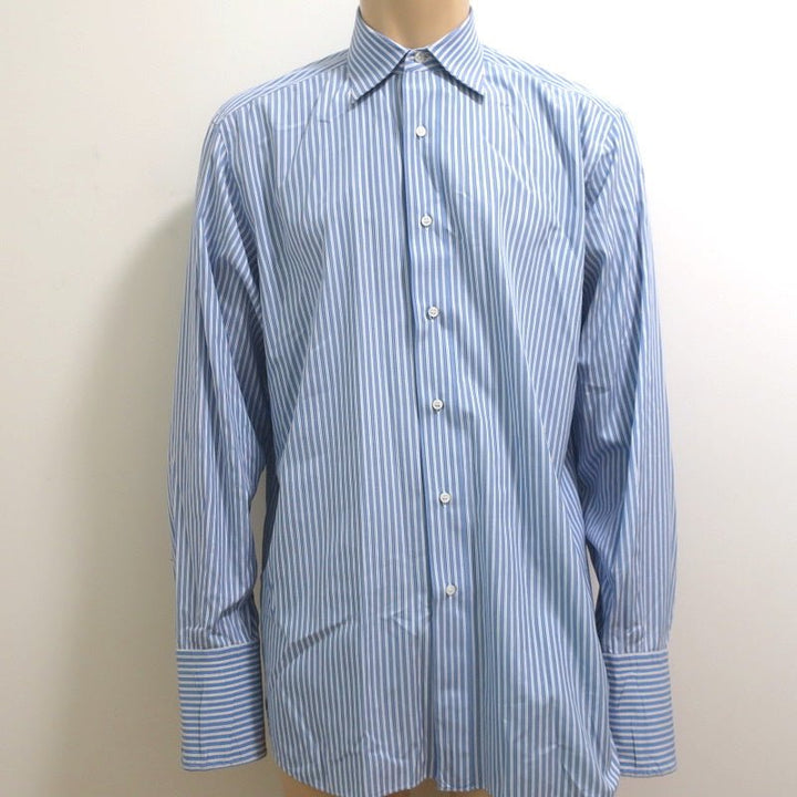 Brioni Button Down Dress Shirt Blue/White Striped Cotton Size 42-16 1/2 - Celebrity Owned