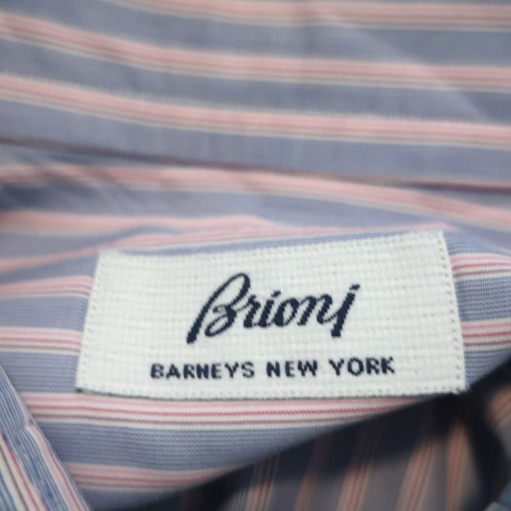 Brioni Button Down Shirt Blue/Pink Striped Cotton Size 42 - 16 1/2 - Celebrity Owned