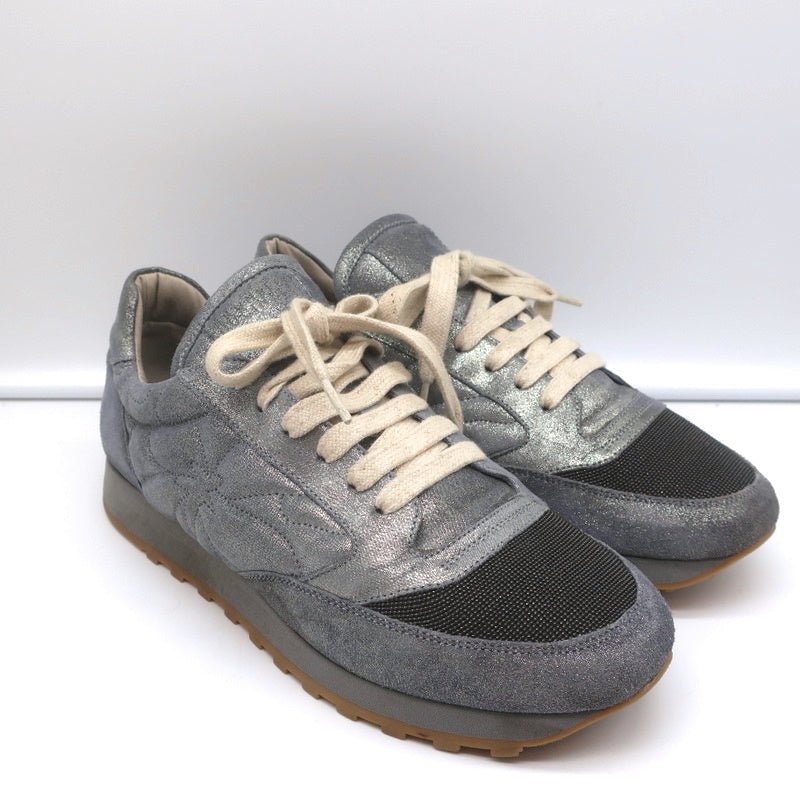 Brunello Cucinelli Monili Runner Sneakers Blue Metallic Leather Size 41 - Celebrity Owned