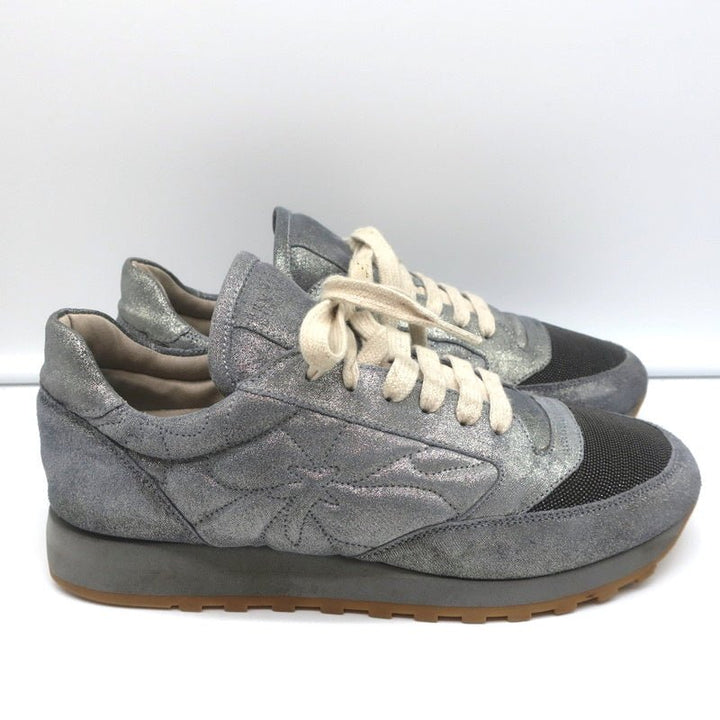 Brunello Cucinelli Monili Runner Sneakers Blue Metallic Leather Size 41 - Celebrity Owned