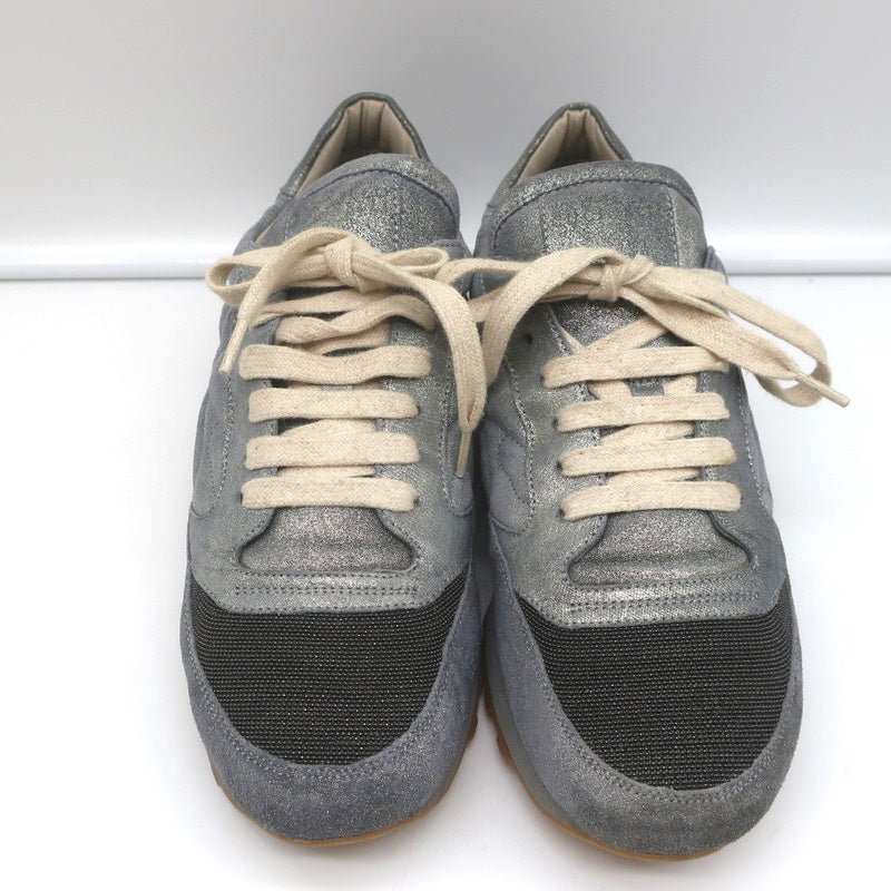 Brunello Cucinelli Monili Runner Sneakers Blue Metallic Leather Size 41 - Celebrity Owned