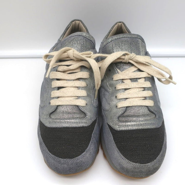 Brunello Cucinelli Monili Runner Sneakers Blue Metallic Leather Size 41 - Celebrity Owned