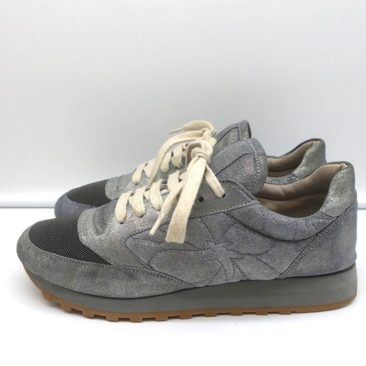 Brunello Cucinelli Monili Runner Sneakers Blue Metallic Leather Size 41 - Celebrity Owned