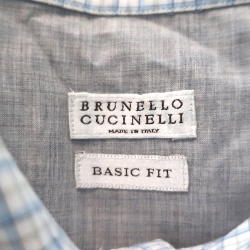 Brunello Cucinelli Shirt Light Blue Checked Cotton-Linen Size Extra Extra Large - Celebrity Owned