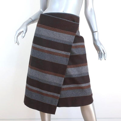 Brunello Cucinelli Wrap Skirt Monili-Beaded Gray/Brown Striped Wool Size US 4 - Celebrity Owned