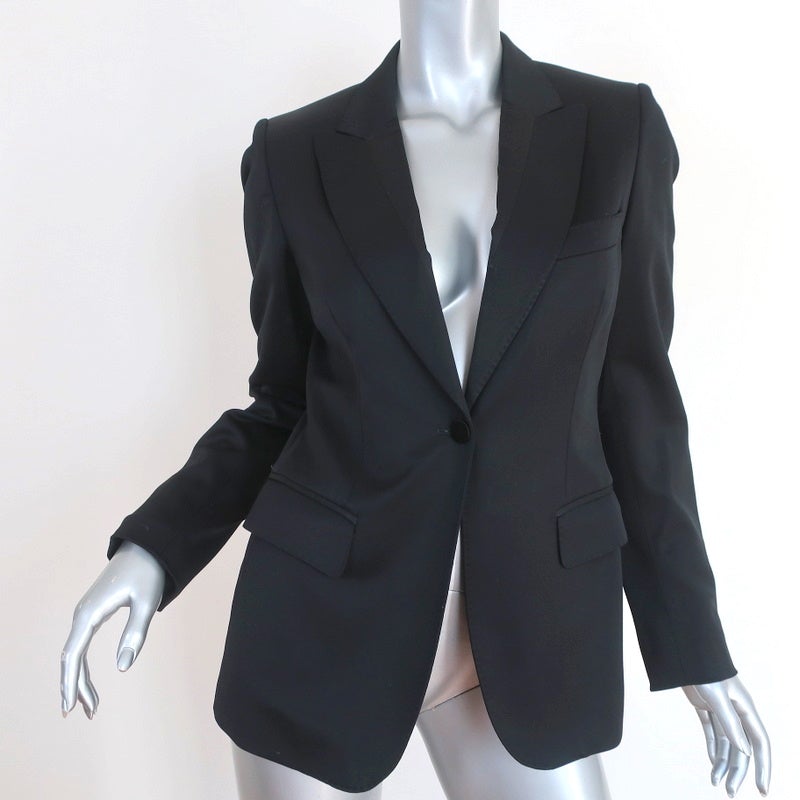 Burberry Blazer Black Stretch Wool Satin Size 40 One-Button Jacket - Celebrity Owned