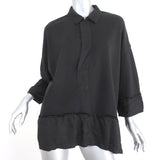 Burning Torch Collared Top Black Satin-Trim Terry Size Small 3/4 Sleeve Tunic - Celebrity Owned