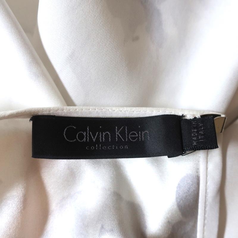 Calvin Klein Collection Midi Dress White/Gray Floral Print Silk Satin Size 4 - Celebrity Owned