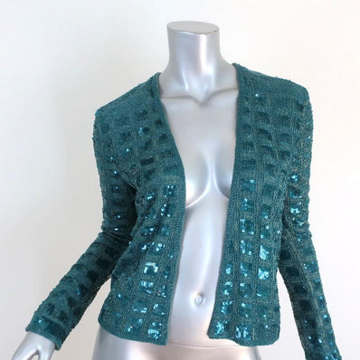 Calypso St. Barth Jacket Anastagio Teal Beaded Stretch Silk Size Extra Small - Celebrity Owned
