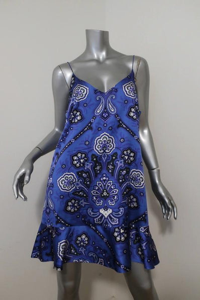 Caroline Constas Slip Dress Tina Blue Paisley Print Stretch Satin Size Large - Celebrity Owned