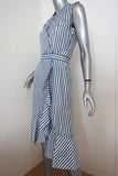 Carven Dress Blue/White Striped Silk Twill Size 36 Sleeveless Ruffled Faux-Wrap - Celebrity Owned