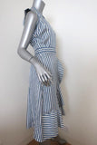 Carven Dress Blue/White Striped Silk Twill Size 36 Sleeveless Ruffled Faux-Wrap - Celebrity Owned