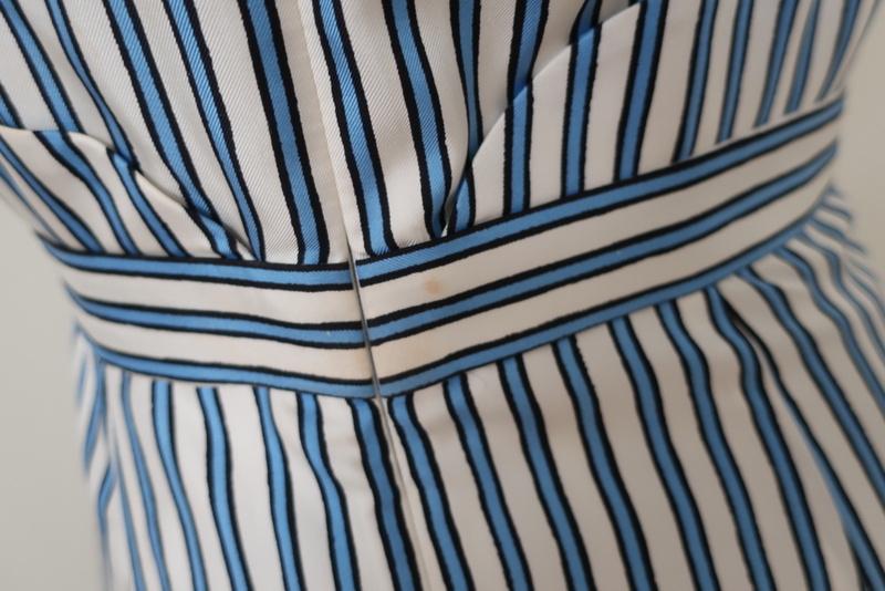 Carven Dress Blue/White Striped Silk Twill Size 36 Sleeveless Ruffled Faux-Wrap - Celebrity Owned