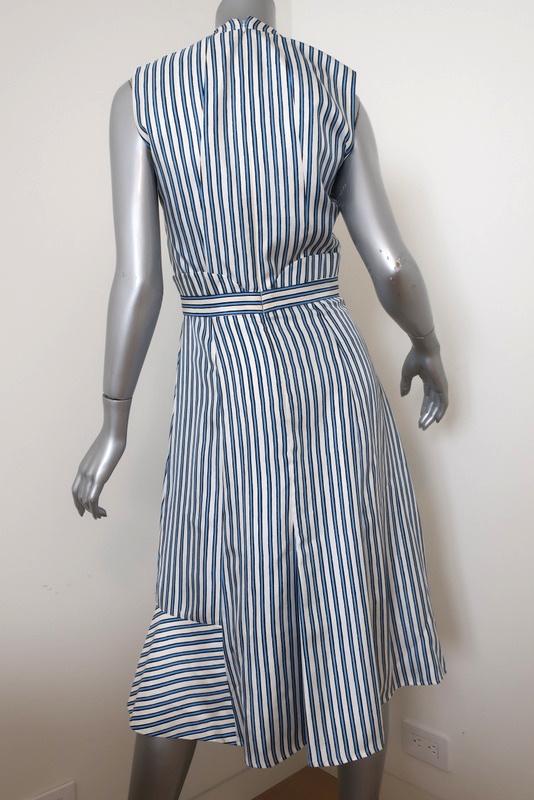Carven Dress Blue/White Striped Silk Twill Size 36 Sleeveless Ruffled Faux-Wrap - Celebrity Owned