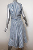Carven Dress Blue/White Striped Silk Twill Size 36 Sleeveless Ruffled Faux-Wrap - Celebrity Owned