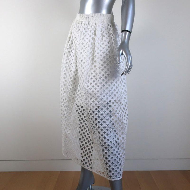 Carven Midi Skirt White Eyelet-Embroidered Cutout Cotton Size 38 - Celebrity Owned