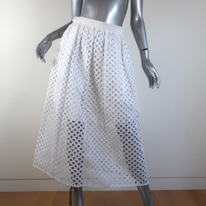 Carven Midi Skirt White Eyelet-Embroidered Cutout Cotton Size 38 - Celebrity Owned