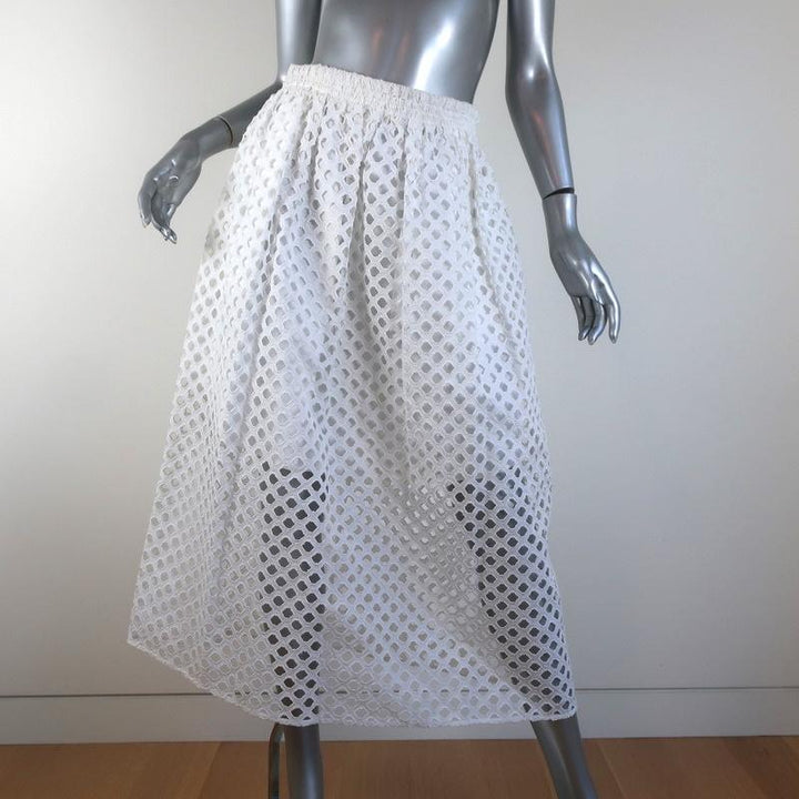 Carven Midi Skirt White Eyelet-Embroidered Cutout Cotton Size 38 - Celebrity Owned