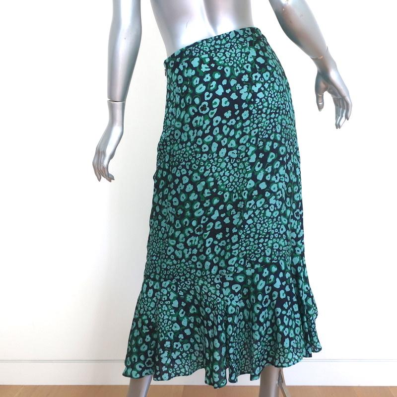 CEFINN Ruffle Hem Midi Skirt Maria Mint Leopard Print Silk-Blend Size US 2 - Celebrity Owned