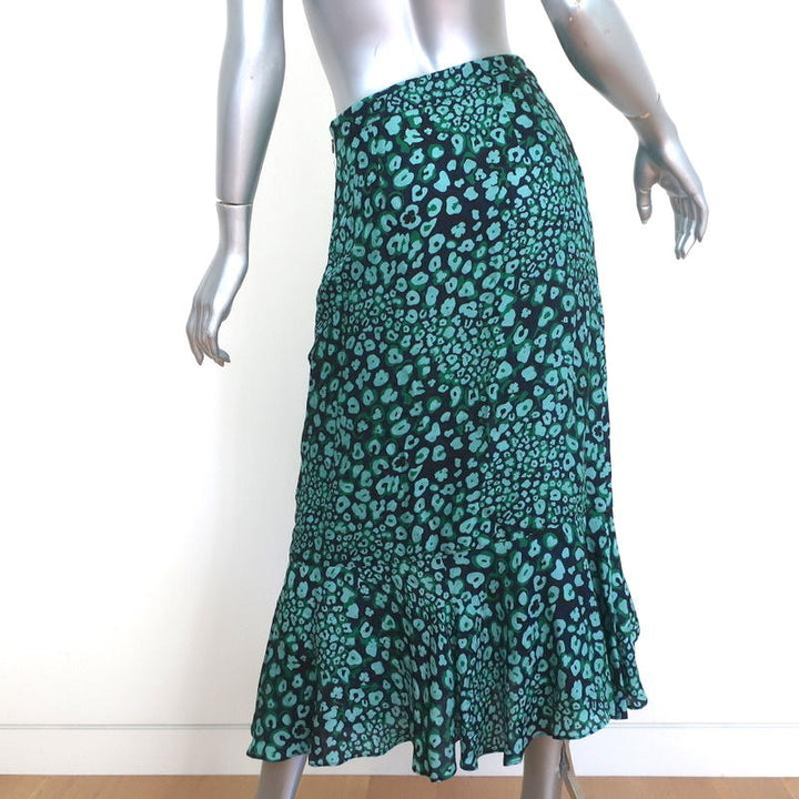 CEFINN Ruffle Hem Midi Skirt Maria Mint Leopard Print Silk-Blend Size US 2 - Celebrity Owned