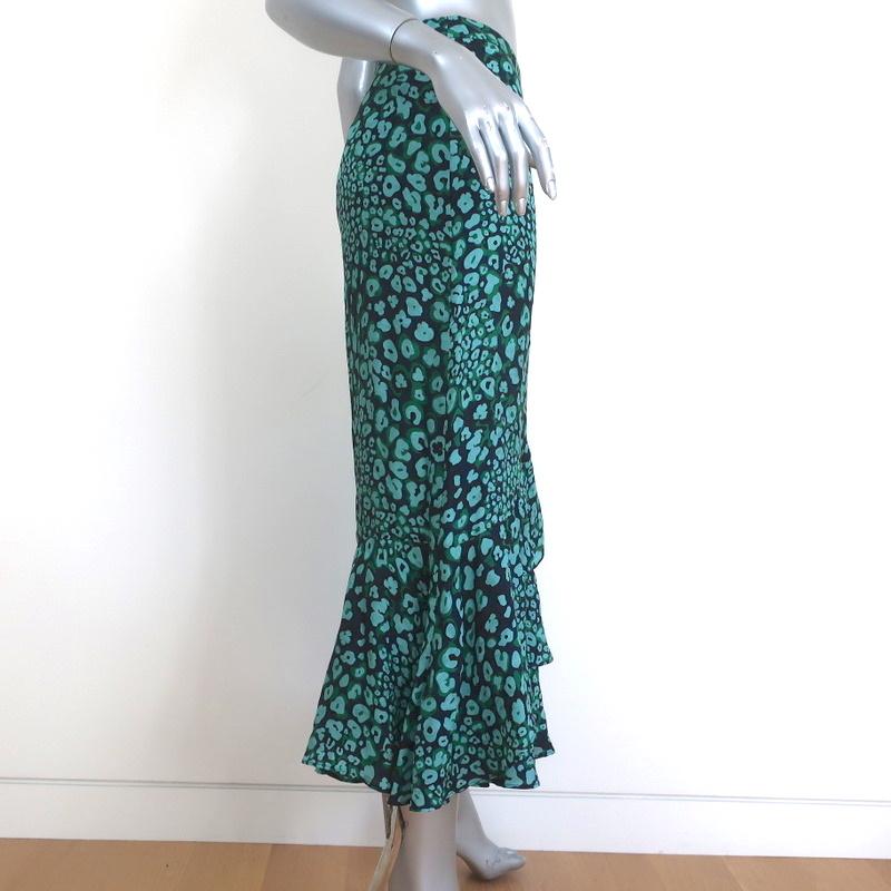 CEFINN Ruffle Hem Midi Skirt Maria Mint Leopard Print Silk-Blend Size US 2 - Celebrity Owned