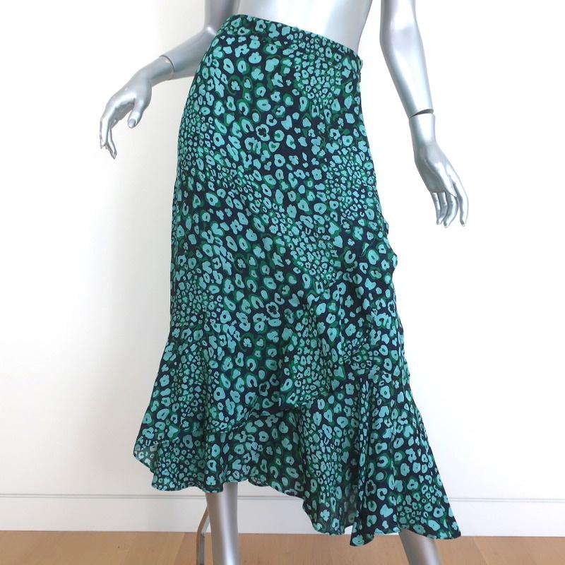 CEFINN Ruffle Hem Midi Skirt Maria Mint Leopard Print Silk-Blend Size US 2 - Celebrity Owned
