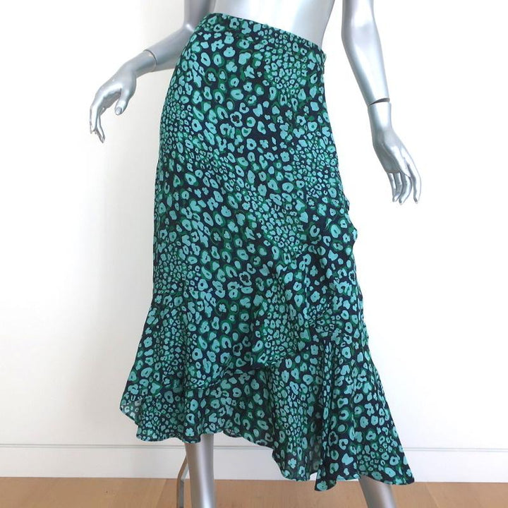 CEFINN Ruffle Hem Midi Skirt Maria Mint Leopard Print Silk-Blend Size US 2 - Celebrity Owned