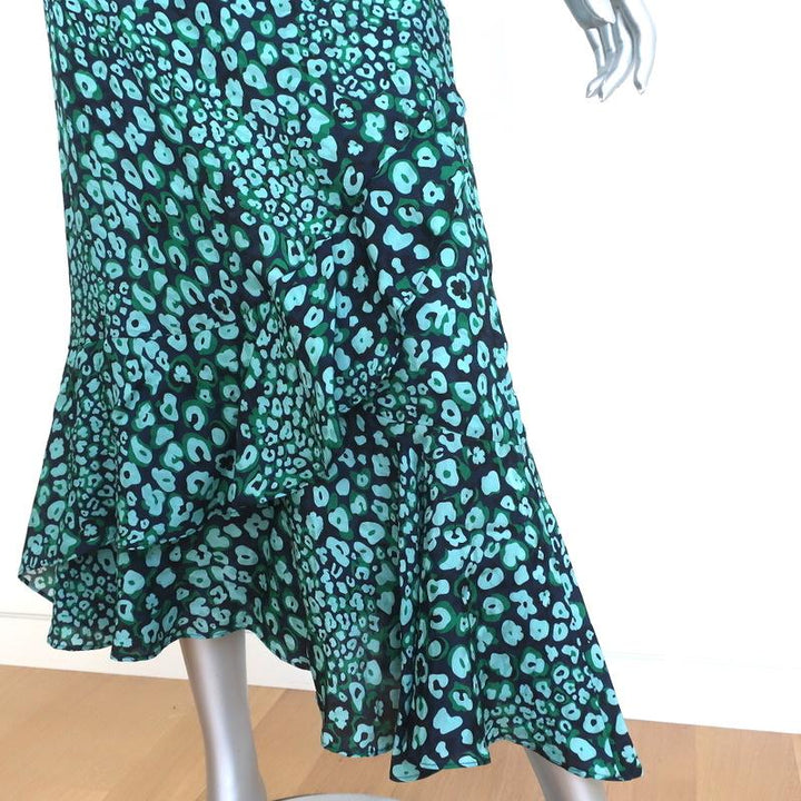 CEFINN Ruffle Hem Midi Skirt Maria Mint Leopard Print Silk-Blend Size US 2 - Celebrity Owned