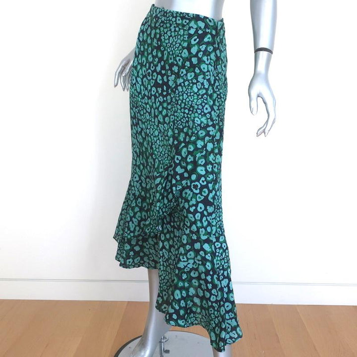 CEFINN Ruffle Hem Midi Skirt Maria Mint Leopard Print Silk-Blend Size US 2 - Celebrity Owned