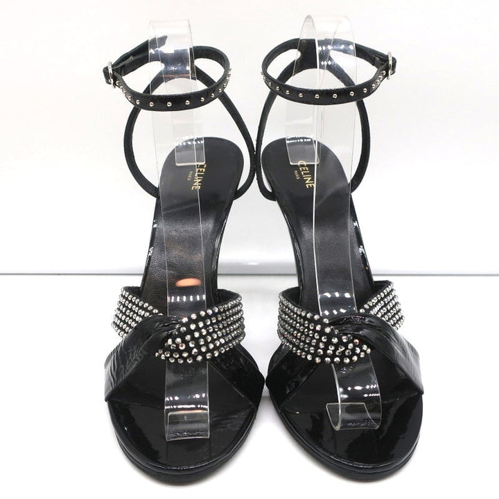 Celine Crystal-Embellished Twist Sandals Black Patent Leather Size 38.5 - Celebrity Owned