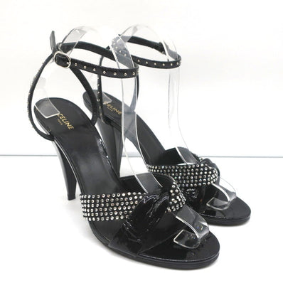 Celine Crystal-Embellished Twist Sandals Black Patent Leather Size 38.5 - Celebrity Owned