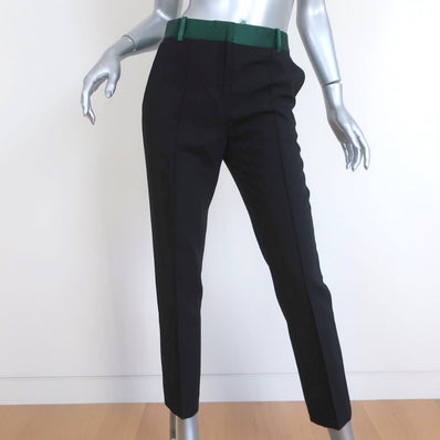 Celine Tuxedo Pants Green Satin-Trim Black Wool Size 36 - Celebrity Owned