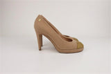Chanel 15C Loop Tweed Platform Pumps Light Brown Size 38.5 Gold Leather Cap Toe - Celebrity Owned