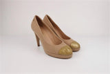 Chanel 15C Loop Tweed Platform Pumps Light Brown Size 38.5 Gold Leather Cap Toe - Celebrity Owned