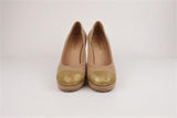 Chanel 15C Loop Tweed Platform Pumps Light Brown Size 38.5 Gold Leather Cap Toe - Celebrity Owned