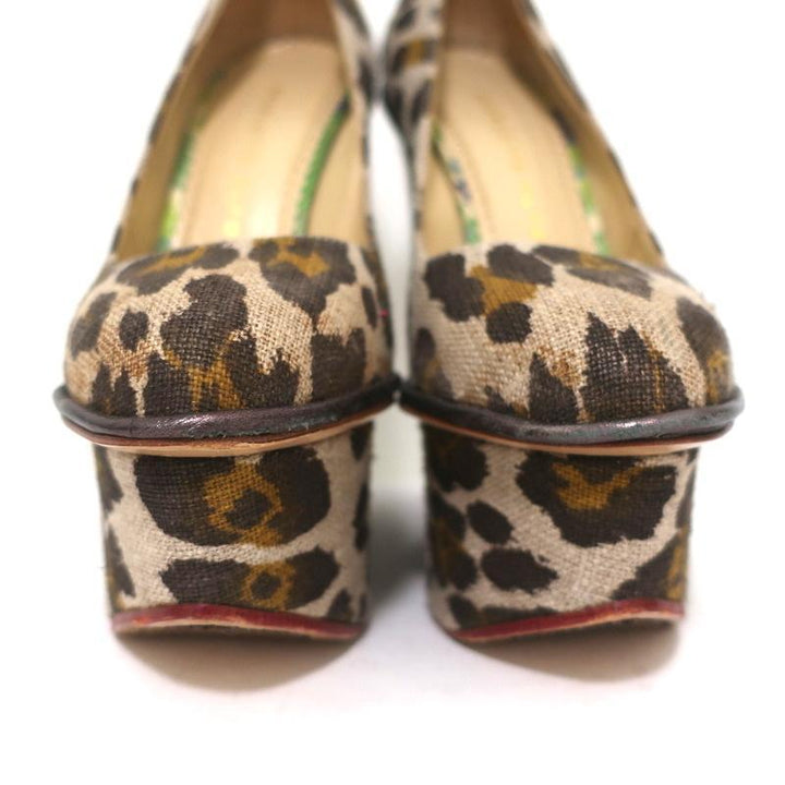 Charlotte Olympia Carmen Platform Wedge Pumps Leopard Print Canvas Size 36 - Celebrity Owned