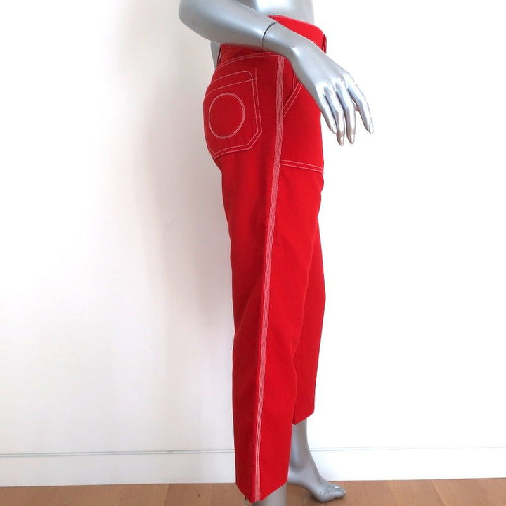 Chloe Contrast Stitch Pants Poppy Red Wool Twill Size 36 Cropped Trousers - Celebrity Owned