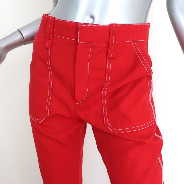 Chloe Contrast Stitch Pants Poppy Red Wool Twill Size 36 Cropped Trousers - Celebrity Owned