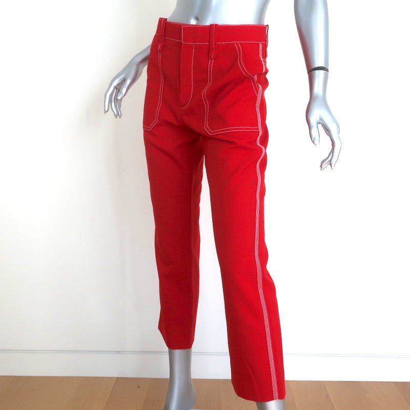 Chloe Contrast Stitch Pants Poppy Red Wool Twill Size 36 Cropped Trousers - Celebrity Owned