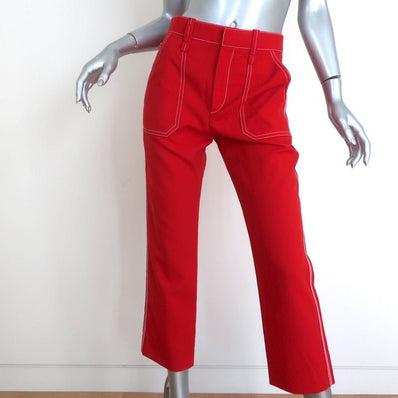 Chloe Contrast Stitch Pants Poppy Red Wool Twill Size 36 Cropped Trousers - Celebrity Owned