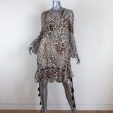 Chloe Dress Leopard Print Gauze Size 34 Long Sleeve Lace-Up Ruffled Hem - Celebrity Owned