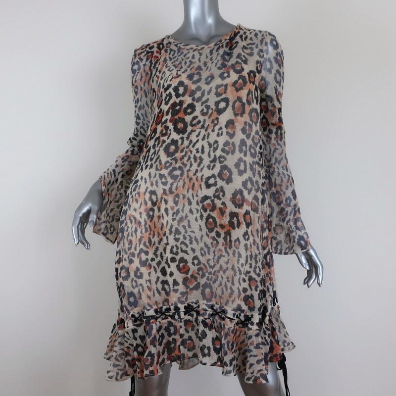 Chloe Dress Leopard Print Gauze Size 34 Long Sleeve Lace-Up Ruffled Hem - Celebrity Owned